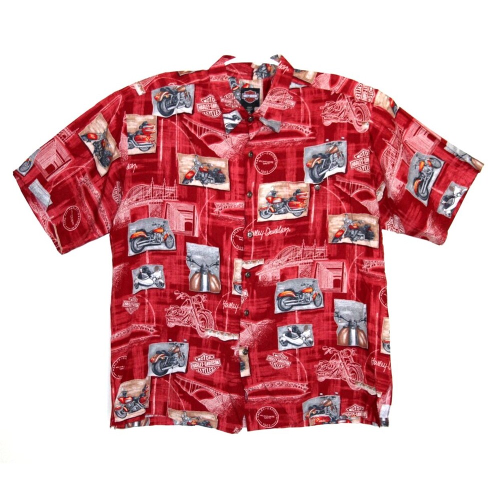 Harley Davidson Tori Richard Button Down Motorcycle Print Red Pocket Shirt XL